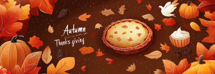 Autumn themed illustration with pumpkin pie and falling leaves