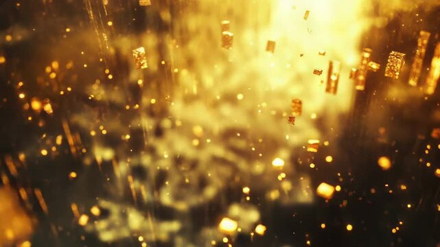 Golden glowing abstract cubes floating in a light rain