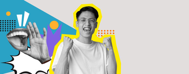 This lively collage features a young person expressing excitement with raised fists. Colorful...