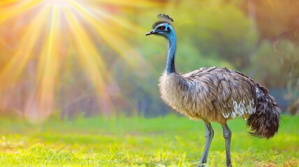 An emu stands in sunlit field, its feathers textured, under a brilliant sunburst