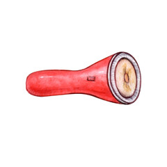 Watercolor illustration of a red handheld flashlight with a soft, painted texture. Simple, bright style suitable for kids’ books, camping designs, stickers, packaging, and educational materials.