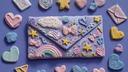 Fototapeta premium Pastel sweets shaped like letters, hearts, stars on lavender