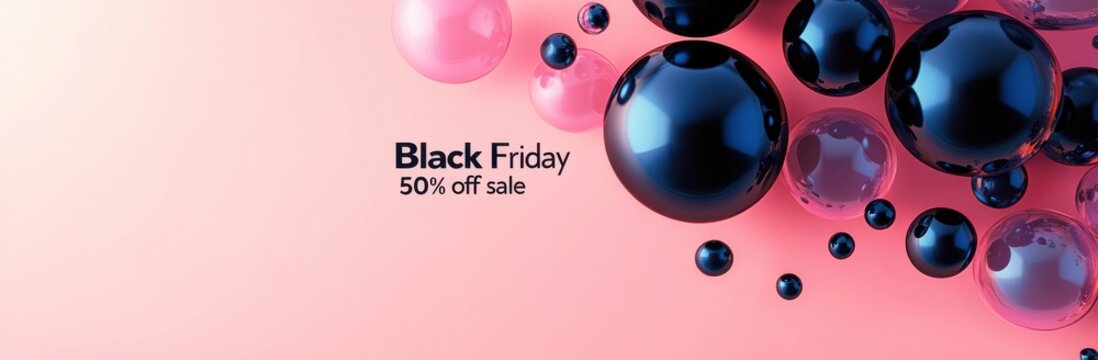 Black Friday sale banner with black balloons and pink background - Powered by Adobe