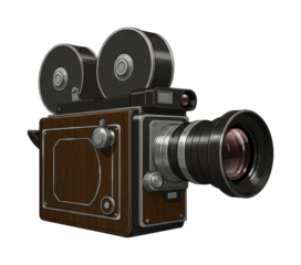 Vintage film camera with a classic wooden body and large lens stands ready to capture timeless cinematic moments, evoking nostalgia for old movies.
