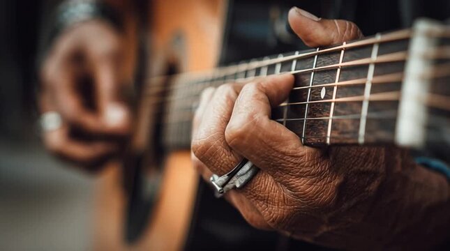 Close-up of frustrated hands struggling to form a difficult guitar chord. Tense fingers press the strings, showing effort, emotion, and the challenge of learning to play.