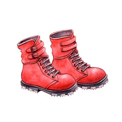 Watercolor illustration of red hiking boots with laces and rugged soles. Hand-painted style suitable for outdoor-themed designs, stickers, children’s books, apparel prints, and travel graphics.