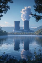 Scenic view of nuclear power plant with reflection on calm lake