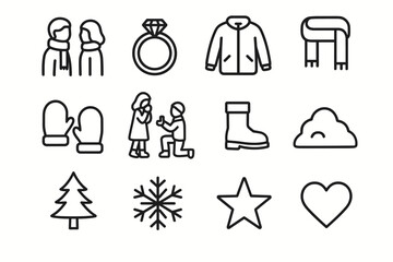 Fototapeta premium Winter Engagement Icons. Winter engagement scene. Line outline icon set of Winter engagement scene: couple