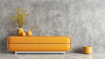 An orange cabinet with a vase of yellow flowers stands before a mottled gray wall and concrete floor