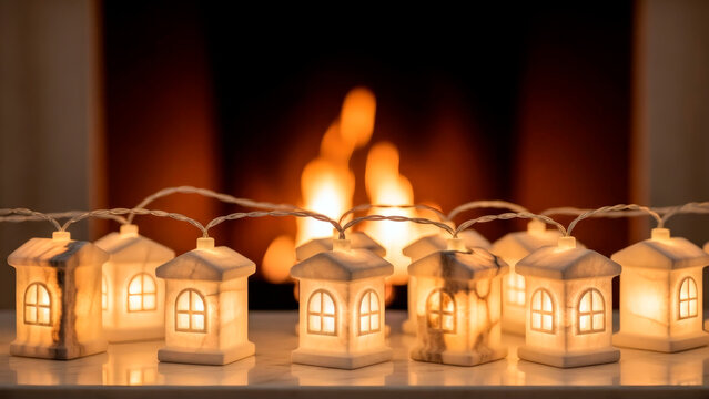 Netsuke made of thin natural stone with backlighting: Decorative lanterns glowing on the mantelpiece against the warm backdrop of the fireplace.