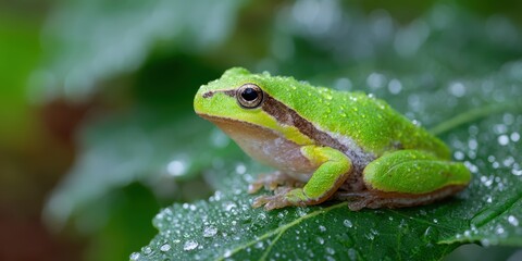 Fototapeta premium wildlife photography, bright green tree frog perched on a damp leaf in a texas forest after rain, with detailed water droplets and smooth skin texture, blurred canopy and soft light in the background