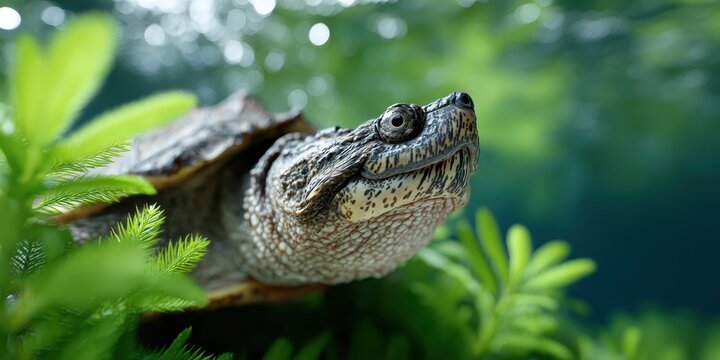 aquatic wildlife, close-up of a texas rivers alligator snapping turtle, displaying its textured shell, open mouth, and blurred aquatic plants sunlight filters through the water