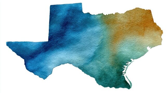 watercolor texas border, soft watercolor texas state border icon with delicate brush strokes, subtle blue, ochre, and green gradients, visible paper texture, and fluid edges