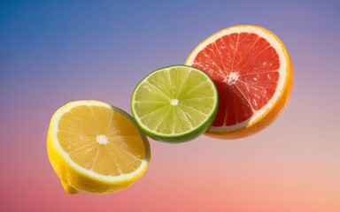 Sliced yellow lemon green lime and red grapefruit floating against a gradient sky citrus