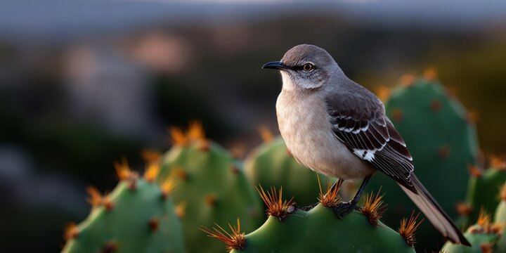 desert wildlife portrait, northern mockingbird sits beautifully on a prickly pear cactus, lit by morning light, with texas wilderness in soft colors