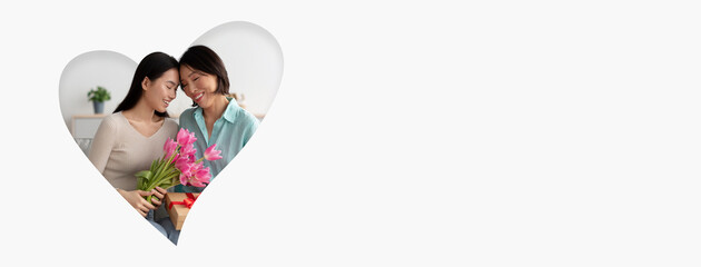 Two women share a joyful moment as one presents a bouquet of pink flowers to the other in a heart-shaped collage. They smile at each other in a cozy and warm home setting, filled with happiness.