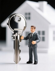 A model of a businessman realtor with an apartment key against the background of a new building