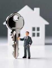 A model of a businessman realtor with an apartment key against the background of a new building