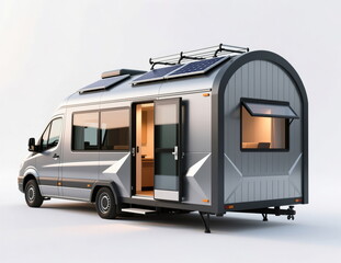 Modern camper mobile motorhome on wheels on a white background.