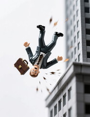 A businessman with a briefcase jumps out of his skyscraper office, financial crisis, falling chart