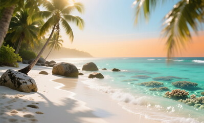 The tropical coastline of a small paradise. Sand and ocean on a sunny day.