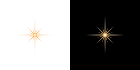 Two golden starbursts with light flares isolated on transparent background