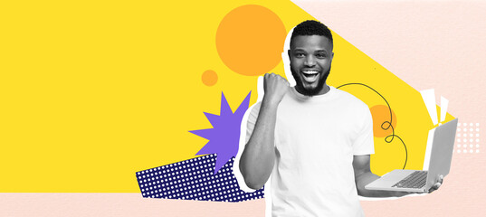 An energetic man celebrates a recent achievement while holding a laptop. The colorful background...