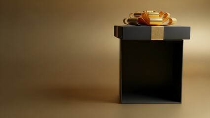 Black gift box with golden ribbon on neutral background with space for text 