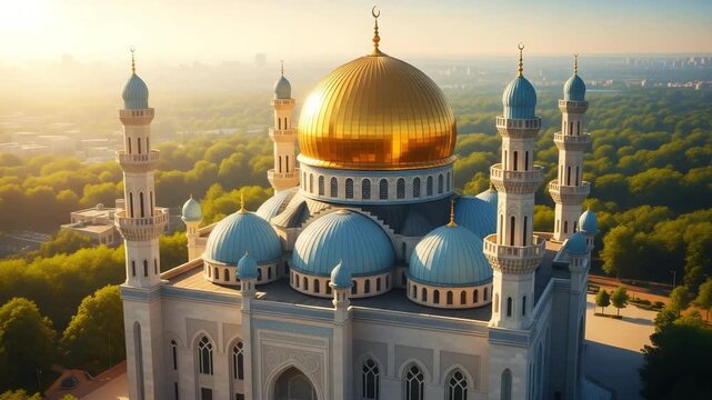 Majestic mosque with golden dome and minarets