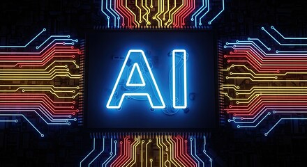 AI Technology: A high-tech depiction of AI illuminated on a circuit board, symbolizing the forefront of technological advancement.