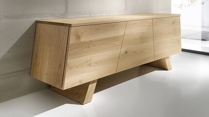 Angled wood sideboard against a light wall, modern design, clean lines, minimalist decor