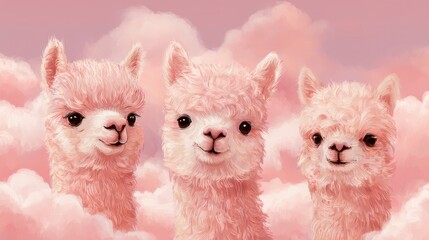 Naklejka premium Whimsical illustration of three fluffy pink alpacas standing among pastel clouds in dreamy pink sky, expressing surreal charm, fantasy atmosphere