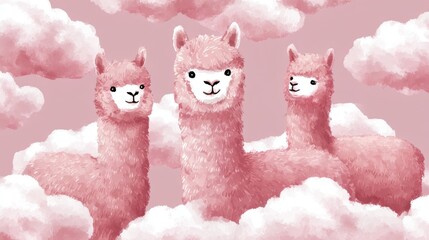 Obraz premium Whimsical illustration of three fluffy pink alpacas standing among pastel clouds in dreamy pink sky, expressing surreal charm, fantasy atmosphere