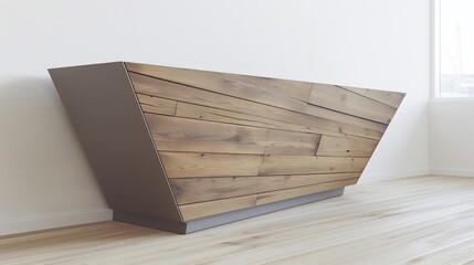 Angled wooden and metal console table against a white wall in a bright, modern room