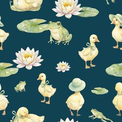 Cute Ducks and Frogs on Dark Blue Seamless Pattern