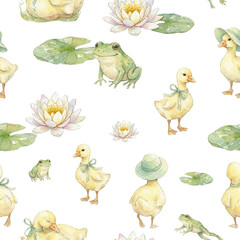Seamless pattern with watercolor ducks, frogs and water lilies on a dark blue background. Cute pond life illustration for nursery fabric, pajamas and wallpaper.