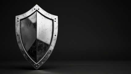 A stylized, chrome shield sits against a dark background. Geometric facets create depth and a sense of futuristic protection. Circuit pattern. It's a striking, monochrome illustration.