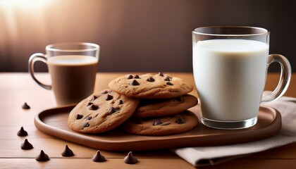 delicious homemade chocolate chip cookies served with a glass of fresh milk and a cup of coffee