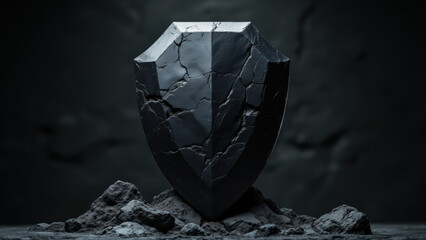 A sharp, black, multifaceted form resembling a shield or gemstone rises from a bed of dark rocks. Deep shadows accentuate the planes, creating a sense of depth and impenetrability.