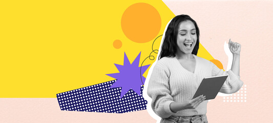 A woman expresses joy while holding a tablet, surrounded by a vibrant collage of shapes and colors....