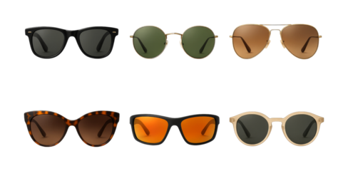 Six diverse pairs of stylish modern sunglasses displayed neatly, showcasing a wide range of frames, colors, and lens types for fashion and eye protection.
