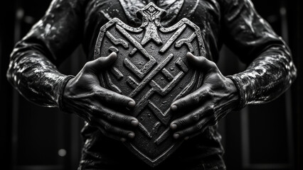 A stylized, dark iron lattice forms a shield-like shape. Layered depth creates a sense of immense scale. Subtle highlights reveal intricate details within the framework.