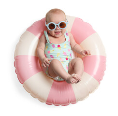 Cute little baby with sunglasses on inflatable ring against white background, top view