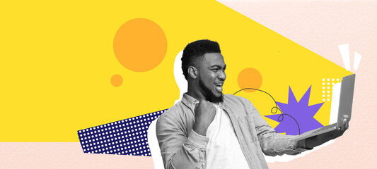A young man raises his fist in joy while using a laptop. The background features a vibrant collage with geometric shapes and warm colors, creating an energetic atmosphere.