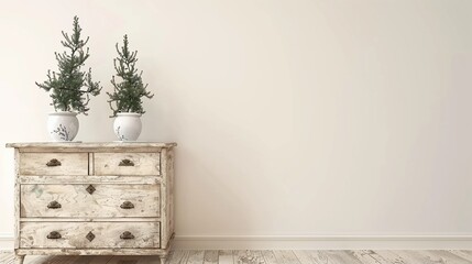 Antique wooden dresser with potted evergreens against a cream-colored wall, bright, airy