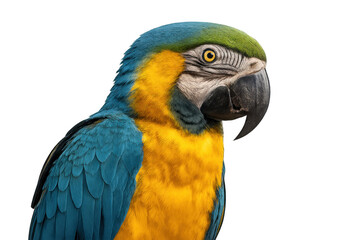 Blue-and-yellow macaw parrot head shot close-up looking right isolated on transparent background cutout