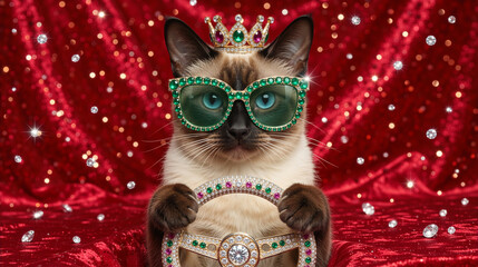Siamese Cat in Green Diamond Sunglasses and Crown Holding Steering Wheel
