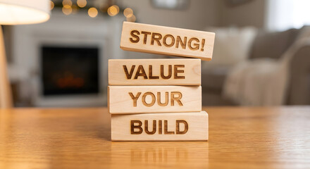 Motivational Wooden Blocks with Inspirational Message About Building Strength and Value