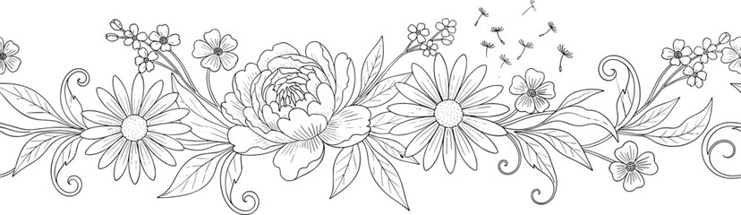 Black and white floral illustration, peony drawing, daisy sketch, botanical symmetry, decorative flowers, nature art, linework design, cad drawing flat vector illustration