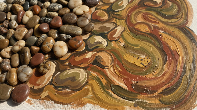 Polished Pebbles Transitioning into Swirling Earthy Tempera Painting Texture
